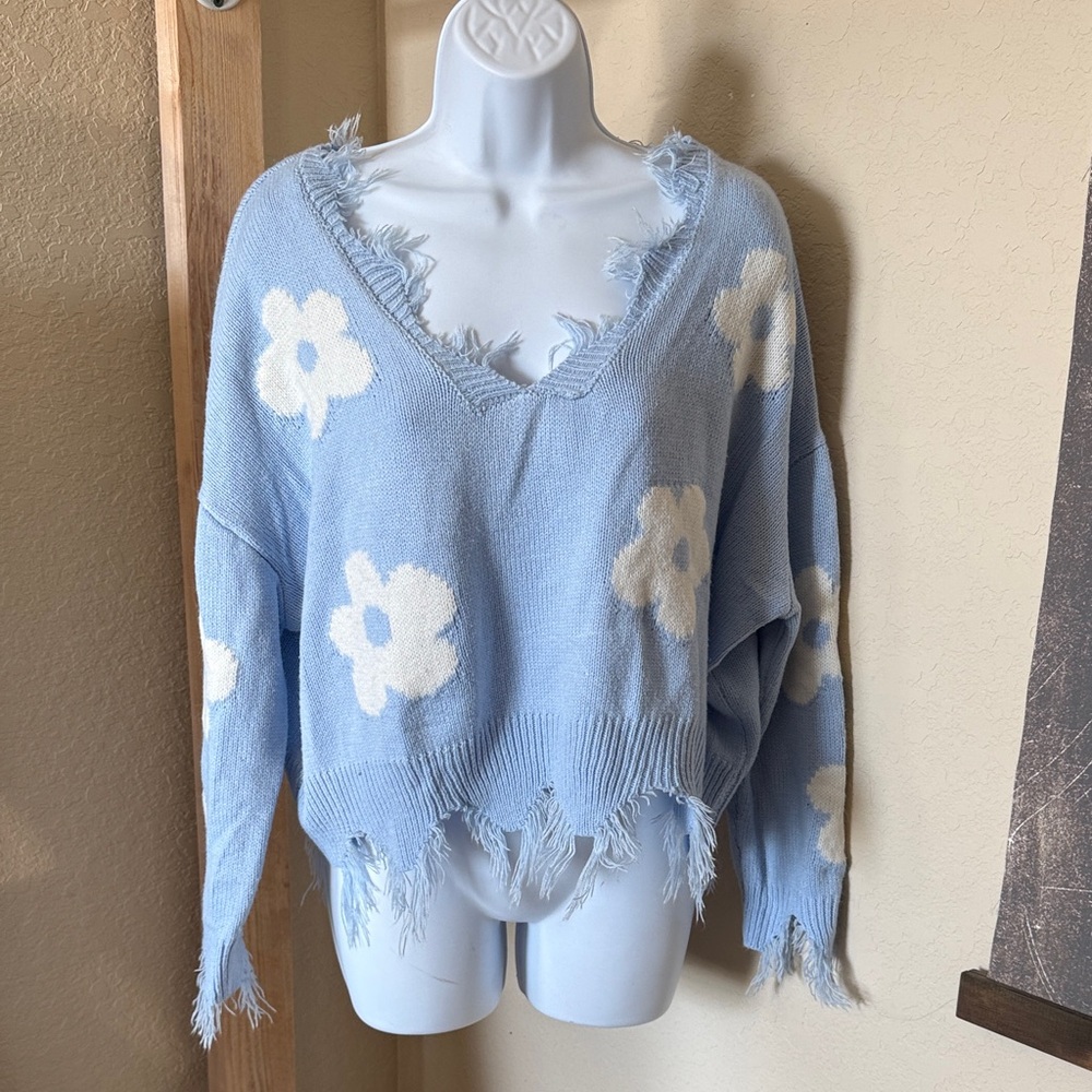 Frayed Blue Floral Sweater